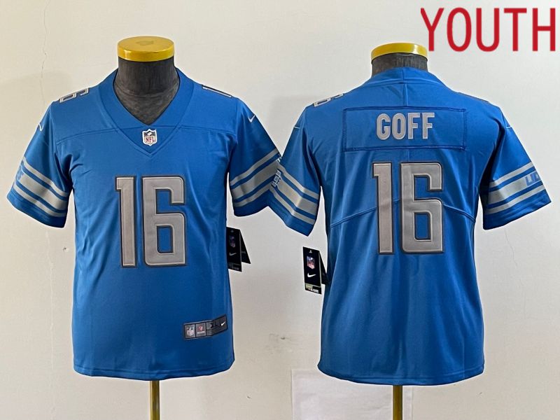 Youth Detroit Lions 16 Goff Blue 2023 Nike Vapor Limited NFL Jersey style 1